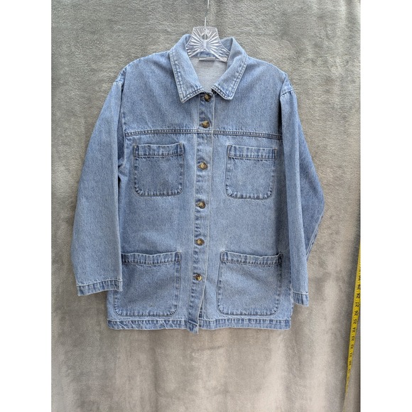 Cabin Creek Jackets & Blazers - 90s Denim Chore Coat Women Medium Utility Jacket  Blue Cotton Pockets Vintage